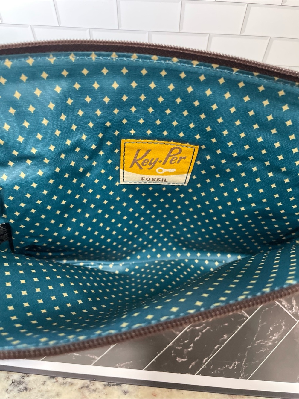 Fossil Teal Polka-Dot Lined Pouch with Yellow Logo Patch - Picture 7 of 9
